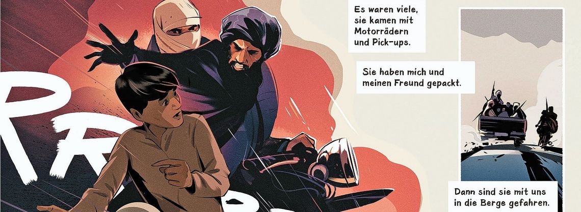 Ein erwachsener Mann auf einem Moped packt einen Jugendlichen im Vorbeifahren am Kragen.