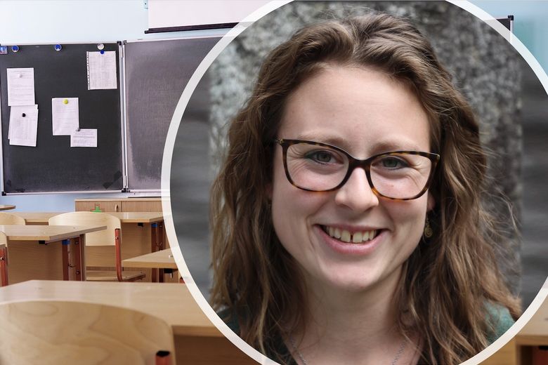 Bildmontage, die ein Lehrerinnenporträt vor einer Wandtafel zeigt. 