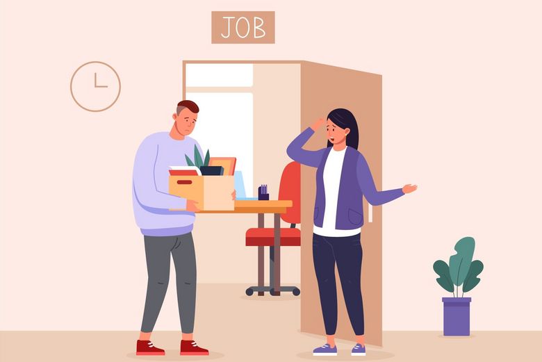 Illustration eines Mannes, der eine Kartonschachtel mit Büroutensilien in der Hand hält. Er steht vor einer Türe und spricht mit einer Frau.