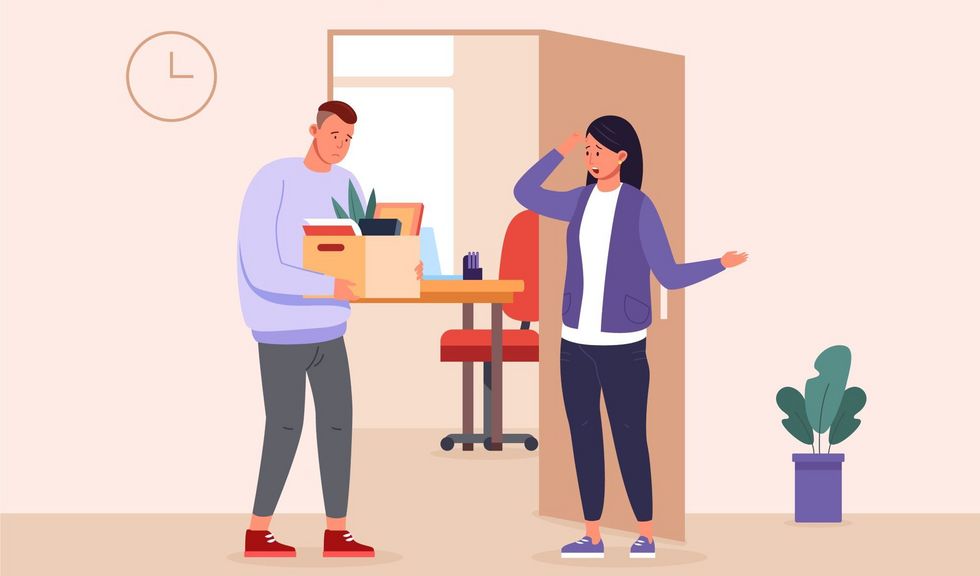 Illustration eines Mannes, der eine Kartonschachtel mit Büroutensilien in der Hand hält. Er steht vor einer Türe und spricht mit einer Frau.