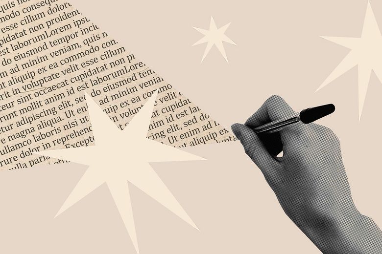 Collage abstract picture image illustration of author hands writing pen new page textbook poetry isolated on beige drawing background