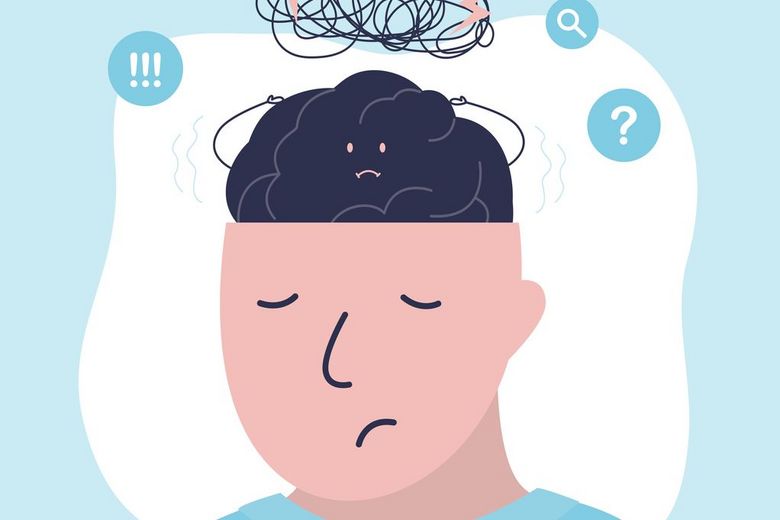 Comic mit Mann, der traurig ist, und eine Denkblase über seinem Kopf hat, in der Ausrufezeichen und Fragezeichen sind.