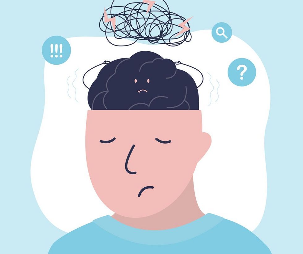 Comic mit Mann, der traurig ist, und eine Denkblase über seinem Kopf hat, in der Ausrufezeichen und Fragezeichen sind.