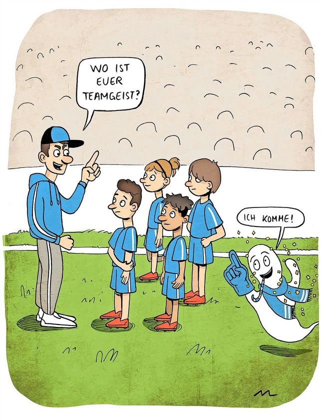 Der Cartoon zeigt einen Trainer, der eine Gruppe von Kindern fragt, wo ihr Teamgeist bleibt. Von der Seite fliegt ein echter Geist herbei und meldet sich zur Stelle.